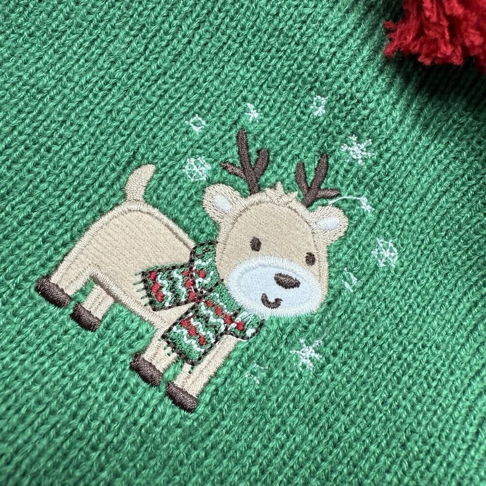 Little Me Reindeer Knit Hat 12-24M Green Red Pom Christmas Winter Beanie New NWT